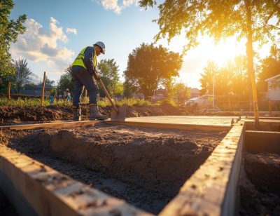 A construction worker skillfully pours concrete into a foundation frame as the sun sets in a neighborhood.