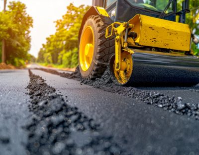 Yellow road roller compacting new asphalt on fresh road surface for durability improvement
